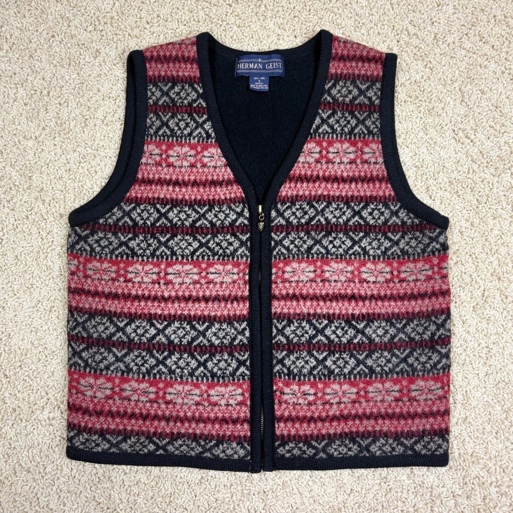 Herman‎ Geist Fair Isle Knit Zip Vest Women's Small Red Black Geometric Pattern